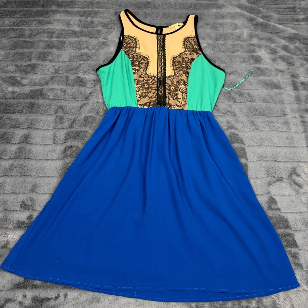 Gianni Bini Womens Colorblock Lace Trim Sleeveless Fit Flare Dress Blue Green S